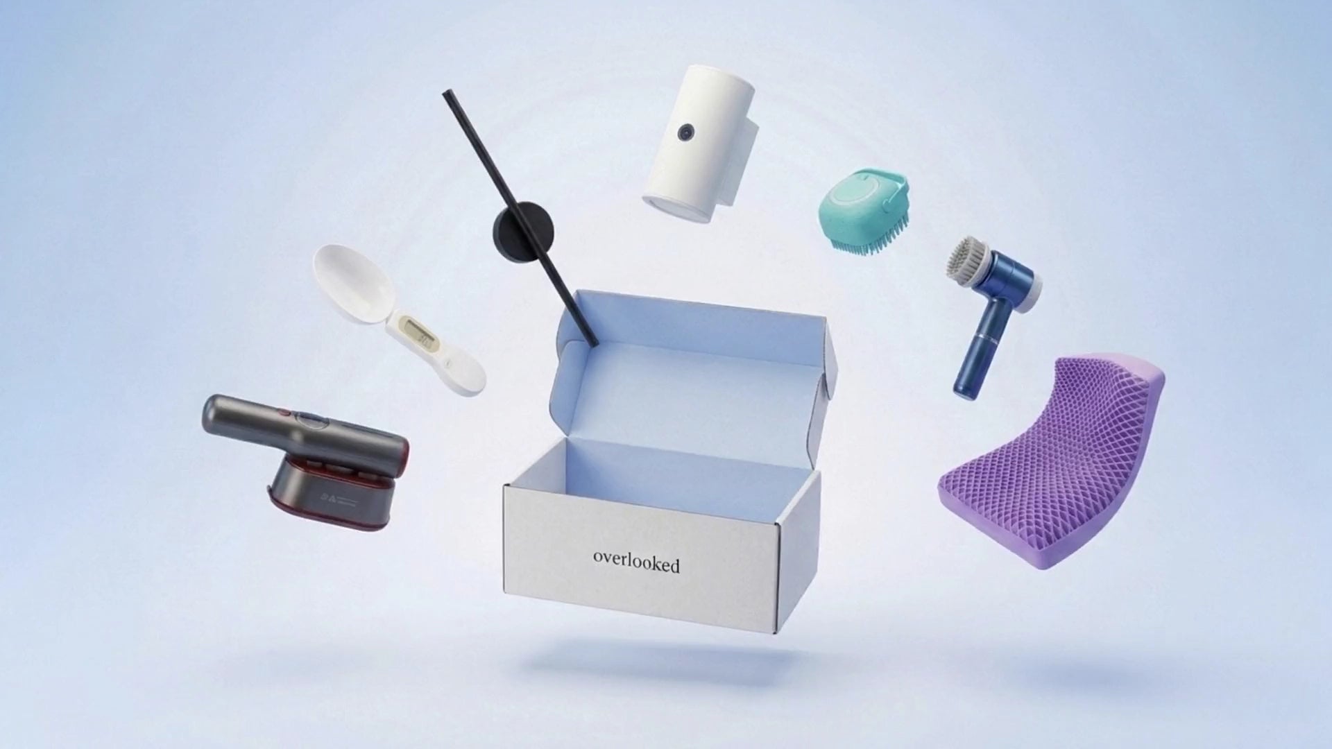 An open Overlooked box with everyday products floating out of it